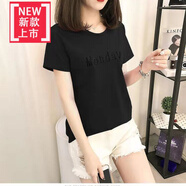 【特價撿漏】品牌輕奢高檔夏天短袖女體桖衫顯瘦100純棉短袖T恤遮肚子上衣純棉T恤女短袖寬松大 黑色 XL 建議(120-135斤穿)