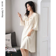 家樂(lè )芬睡裙女睡衣春秋高級感絲綢冰絲仿真絲長(cháng)袖長(cháng)款白色夏季宮廷風(fēng)法式 A823884淡米白 3XL 適合160-180cm體重160-180斤