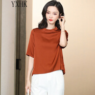 YXHK真絲襯衫女夏短袖品牌女裝重磅桑蠶絲2023新款小衫氣質(zhì)優(yōu)雅純色 焦糖 XL
