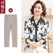 珂儷莎中年媽媽裝夏裝洋氣上衣中老年女裝春夏七分袖寬松T恤襯衫兩件套 HYDC-3155黑色【七分袖+卡其褲】 XL 【適合105-120斤】