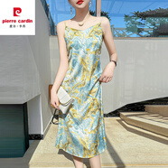 皮爾卡丹（pierre cardin）2024夏季新款冰絲醋酸緞面V領(lǐng)花色連衣裙內搭吊帶裙女士百搭裙子 L11藍色 L
