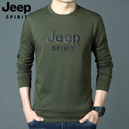 JEEP SPIRIT吉普休閑長袖t恤男時尚休閑印花體恤衫圓領(lǐng)男裝打底衫上衣8001 8001軍綠長袖 M碼建議120-140斤穿著