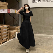 GARNUO赫本風(fēng)法式方領(lǐng)藍(lán)色短袖連衣裙女夏季小個(gè)子高級(jí)感收腰顯瘦長裙子 黑色【短袖版】 S【101-110斤】