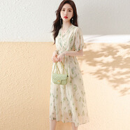 魅菲梵2025夏季法式桔梗碎花連衣裙雪紡v領(lǐng)收腰高級感甜美度假沙灘裙 淺綠色 M