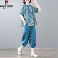 皮爾卡丹（pierre cardin）品牌中年媽m裝2025夏裝新款中年女裝亞麻百搭棉麻兩件裝裝洋氣 藍色套裝 M 建議90-110斤