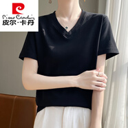 皮爾卡丹絲光棉七分袖t恤女2025新款夏季高等純棉短袖圓領(lǐng)寬松正肩白T恤 黑色【V短  袖】 3XL