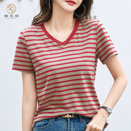 酷梵稀（KUFANXI）V領(lǐng)棉短袖T恤女體恤夏季新款半袖夏天打底衫條紋簡(jiǎn)約寬松 紅條 S(90-98斤)