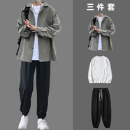 gxmy春秋季夾克外套男士套裝潮流休閑三件套日系衣服男裝一套搭配 灰綠襯衫+白色長(cháng)袖+黑色束腳九分 XL