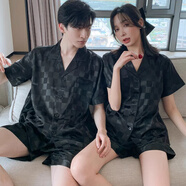 雅鹿情侶睡衣女夏季冰絲短袖短褲春秋新款夏天仿真絲綢男士套裝 NSNY-【雙短】方格提花-黑色 3XL 男170-200斤）