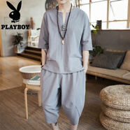 花花公子（PLAYBOY）中國風(fēng)亞麻短袖套裝男夏季唐裝男士大碼寬松V領(lǐng)棉麻T恤兩件套 W18淺灰色 5XL