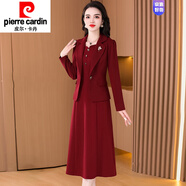 皮爾卡丹（pierre cardin）結婚衣服媽連衣裙2025女新款春秋喜婆婆婚宴裝平時(shí)可穿紅色套裙 紅色 (外+連衣裙) 3XL