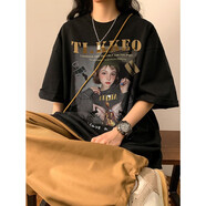 QGF美式短袖女印花T恤夏季新款純棉ins寬松潮牌體恤衫設計感休閑上衣 黑色 M