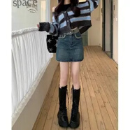 蘭威費雷美式牛仔半身裙女復古高腰辣妹帶內襯短包臀裙11971 8026復古藍 S 【建議85-95斤】