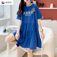 逐夢(mèng)魚(yú)胖女童連衣裙夏裝女大童加肥加大寬松大碼洋氣短袖胖女孩韓版裙子 藍色 170 M(建議體重91-104斤)
