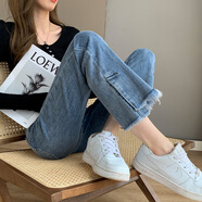 朵世界開叉微喇牛仔褲女高腰顯瘦春秋季女褲新款韓版彈力小個子喇叭長褲 9828 淺藍色 九分 28碼(2尺1)