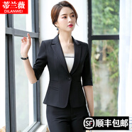 蒂蘭薇職業(yè)裝女裝套裝小西裝女七分袖西服外套夏工作服前臺酒店專(zhuān)柜正裝 黑色西裝+裙+九分褲(配吊帶) L(建議：100-110斤以?xún)?