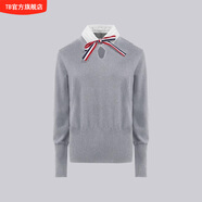 TB針織毛衣假兩件女2024淺藍色翻領(lǐng)polo領(lǐng)蝴蝶結織帶個(gè)性秋冬毛衣 灰色 M /1