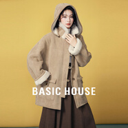 Basic House/百家好純色皮毛一體加絨外套冬季保暖連帽中長款上衣 卡其 S