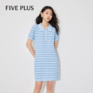 5+連衣裙女T恤裙復(fù)古條紋學(xué)院風(fēng)POLO領(lǐng)針織2024新款女夏裝 藍(lán)白條 L