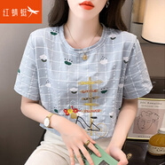 紅蜻蜓（RED DRAGONFLY）重工刺繡短袖t恤女純棉潮春2025夏季新款女士寬松設(shè)計感夏裝上衣 8327#藍(lán)色單車 L