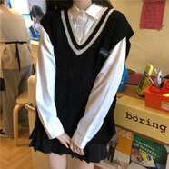 夢史怡秋冬新款韓版寬松V領(lǐng)針織馬甲毛衣背心長袖襯衫兩裝女潮ins 黑馬甲+白襯衫 M