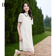 歐莎（OSA）法式小香風(fēng)翻領(lǐng)連衣裙女夏季2025新款A(yù)字蕾絲花邊中長(zhǎng)款裙 米白色 XL