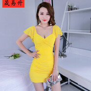 晟媄詩(shī)夜店女裝性感連衣裙短袖新款夜場(chǎng)酒吧桑拿足浴技師工作服小黑裙女 黃色 XL