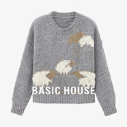 Basic House/百家好慵懶風(fēng)刺繡套頭毛衣小個(gè)子秋冬新款圓領(lǐng)上衣女 灰色 M