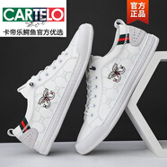 卡帝樂鱷魚（CARTELO）男鞋春秋新款百搭真皮小蜜蜂小白鞋男士透氣一腳蹬休閑板鞋 白色 41