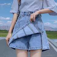 惠奴比牛仔短褲女2022年新款韓版寬松顯瘦iins潮開叉a字高腰半身短裙褲 淺藍(lán)色 L 108-115