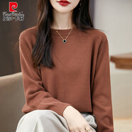 皮爾卡丹（pierre cardin）秋冬純棉線加厚長袖針織打底衫女圓領(lǐng)毛衣韓版寬松內(nèi)搭全棉線上衣 焦糖色 M 110-125