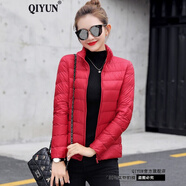 QIYUN 輕薄羽絨服女短款秋冬新款韓版修身薄款短外套女 立領中國紅 XL 【109-120斤】