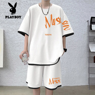 花花公子（PLAYBOY）短袖T恤男套裝男2025夏季新款美式休閑短褲兩件套情侶居家寬松潮 白色一套 5XL