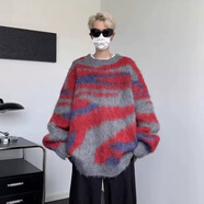 衣然呈品馬海毛撞色拼接條紋毛衣男慵懶風(fēng)高級(jí)感日系復(fù)古情侶針織衫外套男 紅色 M【建議90-110斤】