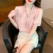 Lcxmnd2024夏季新款韓版泡泡袖半開(kāi)領(lǐng)短袖襯衣淑女百搭上衣 粉色 S