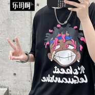 樂玥桐國潮印花短袖T恤男夏季新款個性青年學(xué)生胖子哥潮牌大碼寬松五分中半袖男 黑色 XL