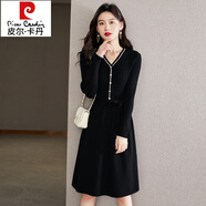 皮爾卡丹（pierre cardin）連衣裙女小香風(fēng)羊毛針織打底裙秋冬系帶v領(lǐng)a字裙高端中長(cháng)款毛衣裙 黑色 2XL