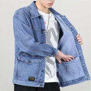 楠子漢 春秋款牛仔外套新款日系潮牌高檔多口袋工裝寬松大碼男裝夾克 藍色 XL