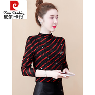 皮爾卡丹（pierre cardin）時髦打底衫女士春秋冬季2023新款內(nèi)搭網(wǎng)紗上衣洋氣時尚加絨體恤 紅色(秋款) L 【105-115斤】