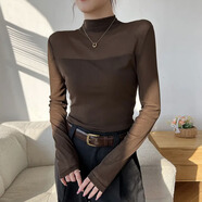 尚濤半高領(lǐng)網(wǎng)紗氣質(zhì)打底衫女春秋季百搭洋氣修身顯瘦長(cháng)袖T恤內搭上衣 咖啡色 M 建議90-100斤