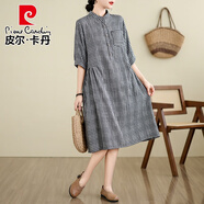 皮爾卡丹（pierre cardin）日系森女棉麻格子連衣裙女夏寬松休閑文藝氣質(zhì)半開立*領亞麻中長 黑白小格 2XL 【建議145-165斤】