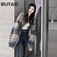 BUTAO條紋針織開衫女春秋新款復古百搭中長款外套毛衣外穿 彩色 S 【建議80-100斤左右】