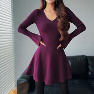粉紅大布娃娃針織連衣裙女秋冬季新款修身休閑A字裙子 紫色 M