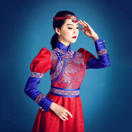 hawit蒙古舞演出服裝女蒙古服飾蒙古演出袍大裙擺泡泡袖長(cháng)袖演出服民族 紅色 定制專(zhuān)拍