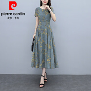 皮爾卡丹（pierre cardin）短袖圓領(lǐng)碎花雪紡長裙收腰顯瘦連衣裙中年MM洋氣高貴加碼女夏季針 灰綠色 M 適合85-99斤