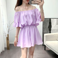 蘭威費雷夏季新款短袖雪紡連體褲女高腰小個(gè)子寬松闊腿短褲裙套裝SN5223 紫色 S 105斤內