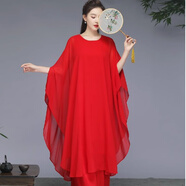 蒂默奇禪服佛系女高端禪舞服套裝2024古典舞蹈服飄逸連衣裙中式國風(fēng)文藝 紅色 連衣·裙 2XL