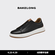 巴克龍（bakeLong）輕奢男鞋舒適耐磨一腳蹬平底鞋舒適小皮鞋防滑耐磨板鞋 黑色 37