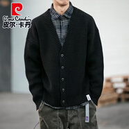 皮爾卡丹冬季純色復古V領開衫男休閑大碼外套針織衫ins潮流輕加厚毛衣 黑色 2XL 建議145-160斤
