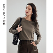 初棉桃絨感金屬紐扣肩章云朵棉T 24冬季全棉磨毛打底長(cháng)袖T恤女 溫莎棕 S